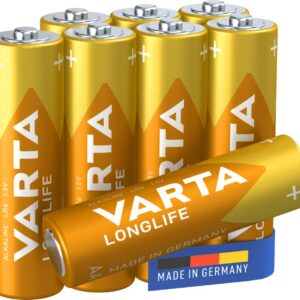 VARTA Piles AA, lot de 8, Longlife, Alcalines, 1,5V, adaptées aux télécommandes, réveils, radios, horloges murales, Made in Germany