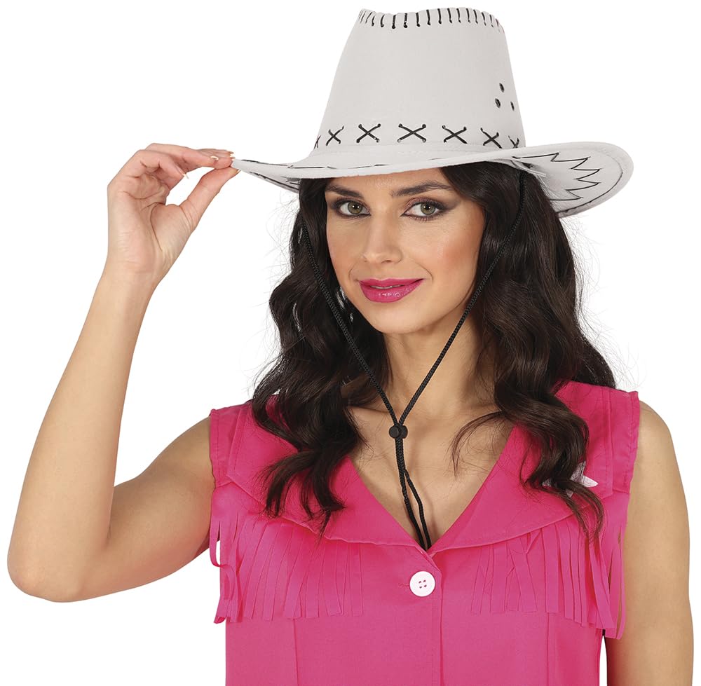 FIESTAS GUIRCA | Chapeau de Cow-boy en Simili-Cuir - Accessoire de Costume pour Fêtes du Far West, Texas et Carnaval - Idéal pour Cosplay et Halloween - Adulte Unisexe - Blanc