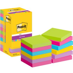 Post-it Notes Autocollantes Super Sticky, Couleurs Assorties, Pack de 12 Blocs, 90 Feuilles par Bloc, 76 mm x 76 mm - Feuillets Super Adhésifs pour Prise de Notes, Listes de Tâches et Rappels