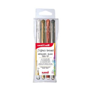 Mitsubishi Pencil - 4 Stylos Rollers Encre Gel - Uni-Ball Signo Broad - Pointe 1 mm - Écriture Large - Roller Créatif pour Carterie et Loisirs Créatifs - Or, Argent, Blanc, Bronze