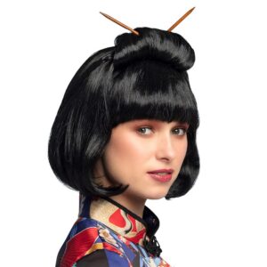 Boland 86417 - Perruque Chinoise pour adultes, cheveux synthétiques noirs avec baguettes, coiffure pour costumes de carnaval, carnaval et fête à thème