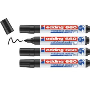 edding 660 Marqueur pour tableaux blancs - noir - 4 stylos - pointe ronde 1,5-3 mm - feutre effaçable - pour tableaux blanc, magnétique, mémo et chevalet de conférence - sketchnotes - rechargeable