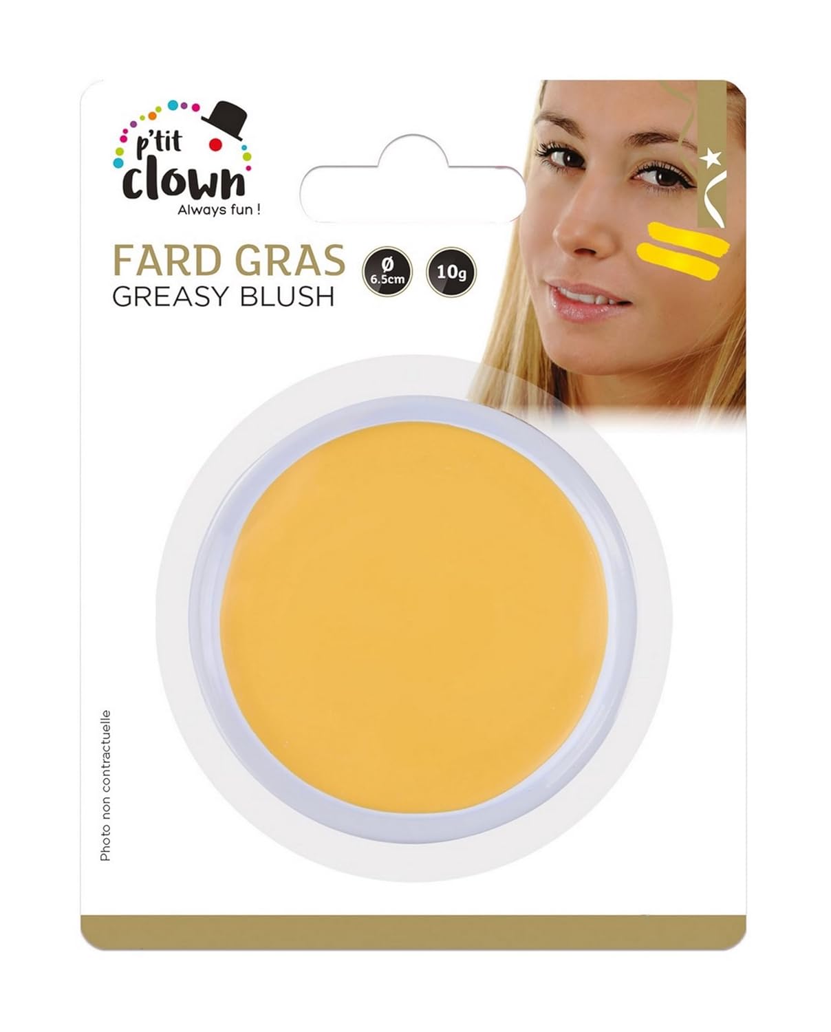 P'TIT CLOWN - 91017 - Fard Gras Jaune - 10 g - Ø 6,5 cm - Pallete de Maquillage Déguisement Adulte - Make-up - Peinture Visage - Lavable - Non Toxique - Carnaval, Halloween, Anniversaire, Cosplay