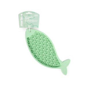 Tapis de léchage en silicone pour chat - Forme poisson, divers coloris - Accessoire apaisant & divertissant, digestion améliorée, hygiène bucco-dentaire, ventouses antidérapantes, 22 x 13 cm (Vert)