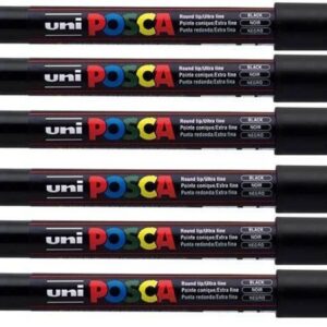 Marqueur noir Posca PC-1MR pour métal, tissu, verre pointe ultra fine 0,7 mm, Noir , Lot de 6