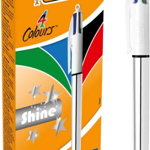 BIC 4 Couleurs Shine Stylos-Bille Rétractables Pointe Moyenne (1,0 mm) - Corps Argenté Métallisé, Boîte de 12