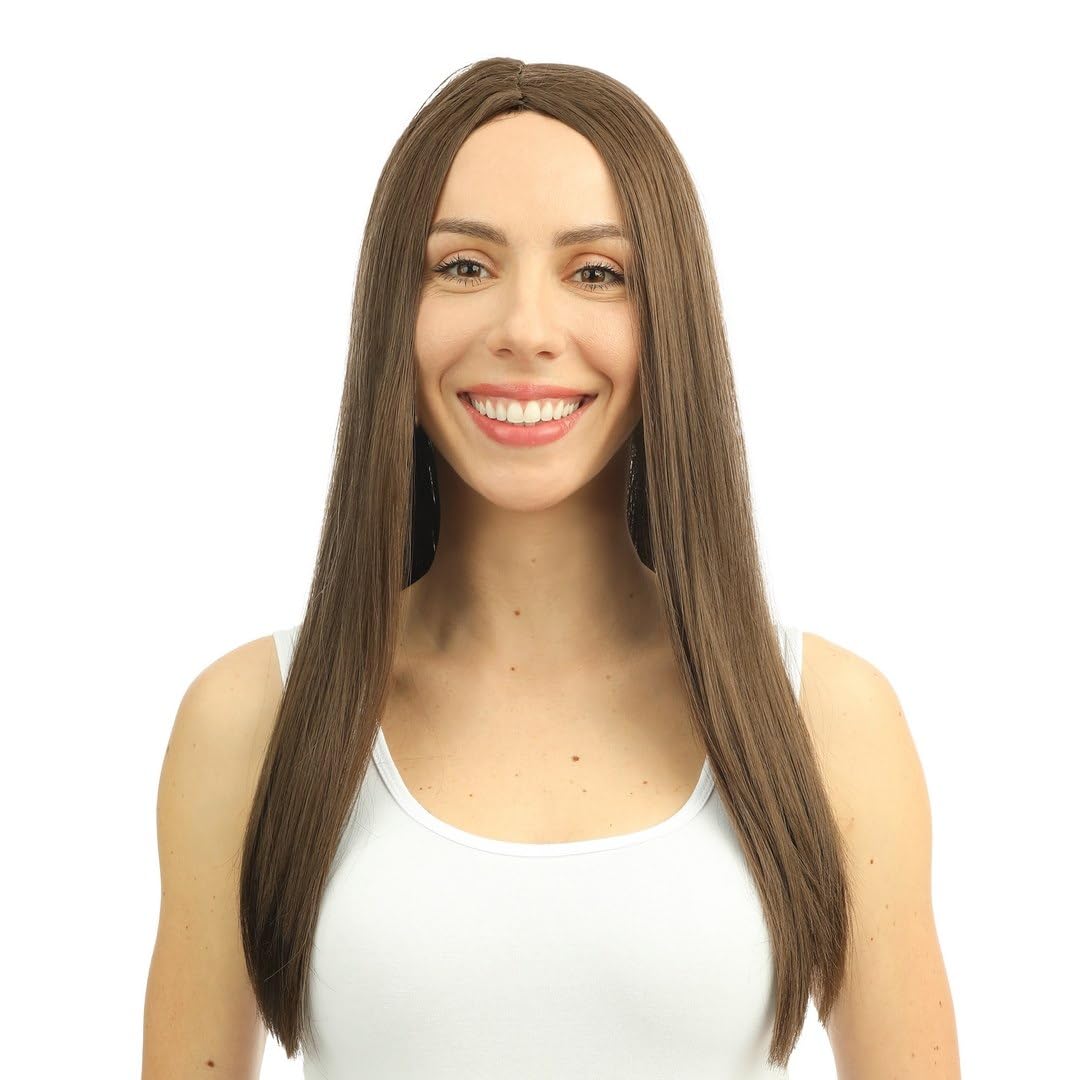 P'TIT CLOWN - 68042 - Perruque Longue Raide Femme - Long Wig - Accessoire de Déguisement pour Carnaval, Fêtes à Thèmes, Soirées Costumées, Cheveux Synthétiques - Adulte - 60 cm - Brun