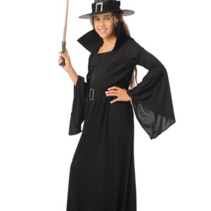 P'TIT CLOWN - Costume Halloween Fille Sorcière - Déguisement pour Enfant - Robe, Chapeau, Ceinture - Cosplay, Carnaval, Fêtes Costumées et Évènements à Thème (Noire, 10-12 ans)
