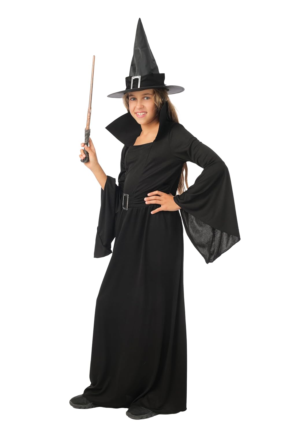 P'TIT CLOWN - Costume Halloween Fille Sorcière - Déguisement pour Enfant - Robe, Chapeau, Ceinture - Cosplay, Carnaval, Fêtes Costumées et Évènements à Thème (Noire, 10-12 ans)
