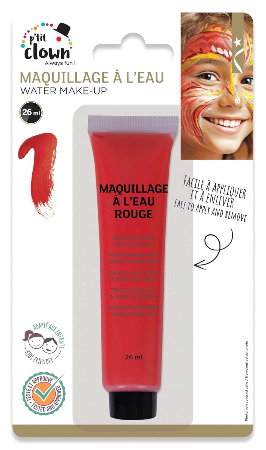 P'TIT CLOWN - 81783 - Fard à l'Eau avec Pinceau - Rouge - Maquillage Déguisement - Make-up - Adulte - Peinture Visage - Non Toxique - Halloween, Carnaval, Anniversaire, Cosplay, Kermesse, Festif