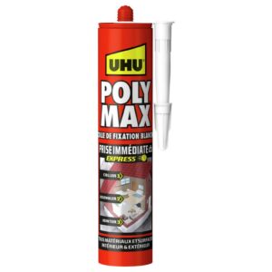 UHU Poly Max - Mastic-Colle Prise Immédiate Séchage Rapide - Pour Coller, Assembler, Jointer - Tous Matériaux ET Surfaces - Intérieur/Extérieur - Sans Solvants - Blanc - Cartouche 425 g