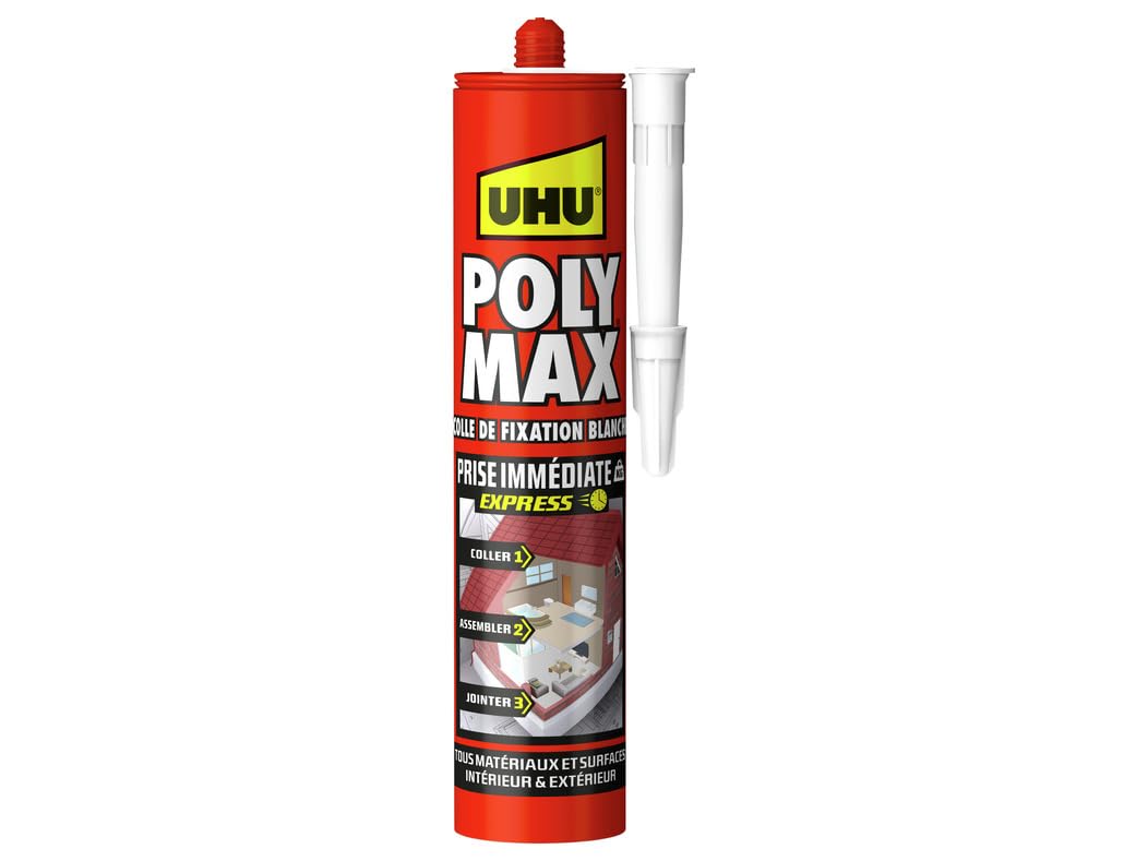 UHU Poly Max - Mastic-Colle Prise Immédiate Séchage Rapide - Pour Coller, Assembler, Jointer - Tous Matériaux ET Surfaces - Intérieur/Extérieur - Sans Solvants - Blanc - Cartouche 425 g