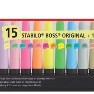 STABILO BOSS ORIGINAL - Surligneur - Set de bureau x 15 surligneurs : 5 Fluo + 5 Pastel + 4 NatureCOLORS + 1 marqueur noir