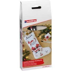 edding Kit Noël e-4600 Feutres Textiles - Noir et Rouge - Set avec Botte en Coton, 2 Feutres, Modèle de Coloriage - Déco Festive pour les fêtes de Noël