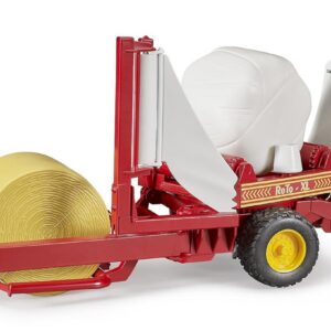 bruder 02122 - Enrubanneuse de balles rondes ocre et blanches, presse à balles rondes, presse à balles, remorque de tracteur