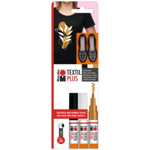 Marabu Textil Painter Plus, set de 3 crayons textiles pour tissus clairs et foncés, crayon de peinture pour tissus avec pointe de 3 mm, résistant au lavage jusqu'à 40°C, 0118000000081