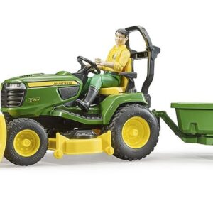 bruder 62104 - Bworld John Deere Tracteur à gazon avec remorque & jardinier - 1:16 Tracteur, tondeuse à gazon, remorque, ferme, homme, jouet figuratif, travailleur, paysan
