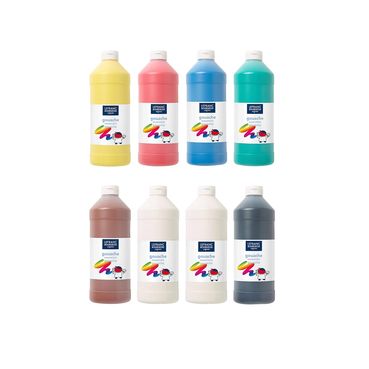 Lefranc Bourgeois - Gouache liquide Essentiel pour enfants - Assortiment de 8 bouteilles de 1L