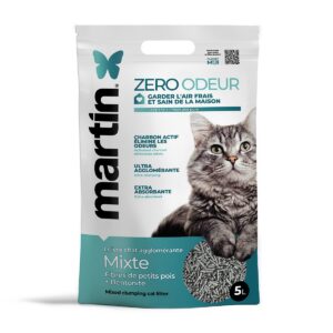 Litière Agglomérante Naturelle Chat Martin Zero Odeur 5 L - 4 Sacs de 5L - Charbon Actif & Bentonite - Anti-Odeurs, Ultra Absorbante, sans Poussière, Maison Fraîche et Saine