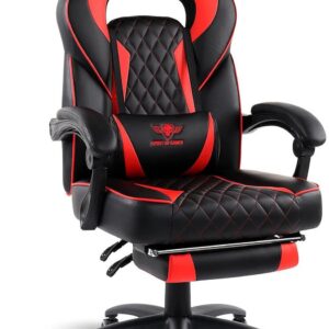 Spirit Of Gamer – Mustang Series – Chaise Gaming - Simili Cuir capitonné – Repose Pieds – Coussin Nuque & Lombaires – Accoudoirs Articulés – Inclinable 135° - Logo Surpiqué (Rouge)