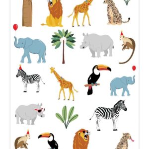 CAM ET LEON - Accessoires Décoration d’Anniversaire Enfant - Thème Animaux de la Savanne - Assiettes, Serviettes, Confettis, Sachets, Cartes d’Invitation, Ballons (Faux tatouages)