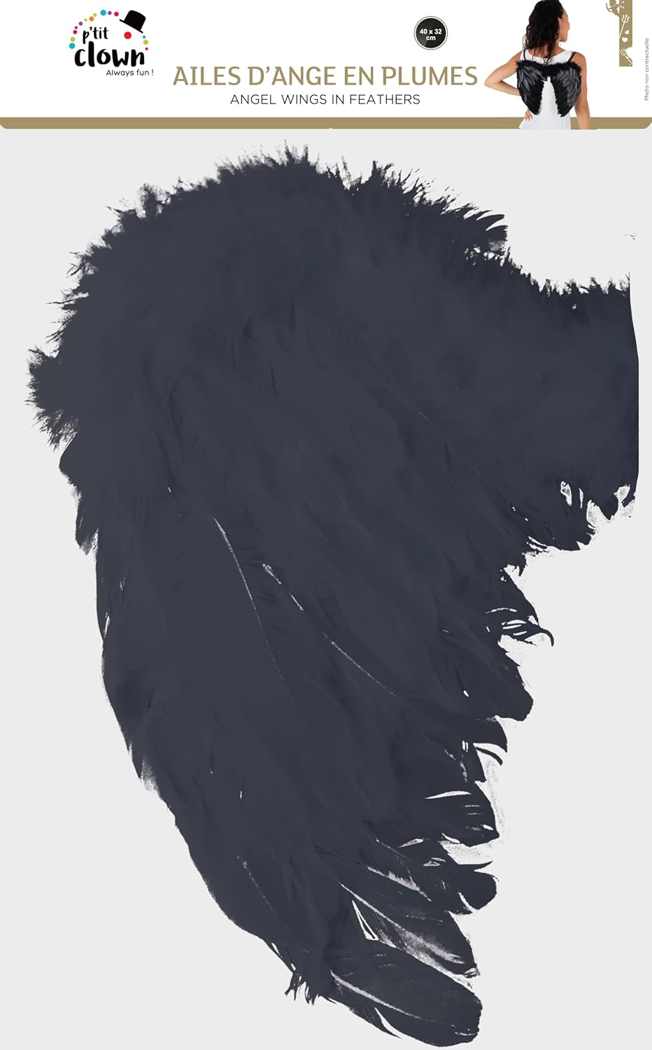 P'TIT Clown — Ailes d'ange en plumes noires 40x32 cm – Image 3