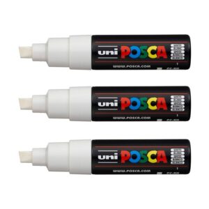 POSCA - Uni Mitsubishi Pencil - 3 Marqueurs Blanc PC8K - Pointe Biseautée Pointe Large 8 mm - Marqueur Peinture À Base d'Eau - Tout Support - Pour Papier, Textile, Verre, Galet