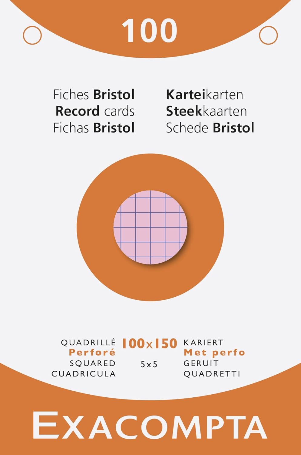 EXACOMPTA Étui de 100 fiches bristol quadrillé 5x5 perforé 100x150mm Couleurs assorties