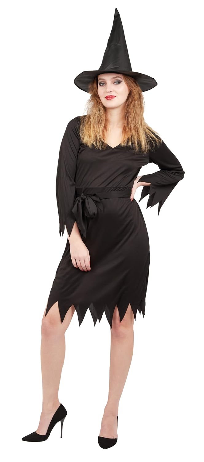 P'TIT CLOWN - Costume Sorcière Femme - Robe - Chapeau Pointu - Noir - Déguisement Adulte Parfait pour Halloween, Fêtes Costumées et Évènements à Thème