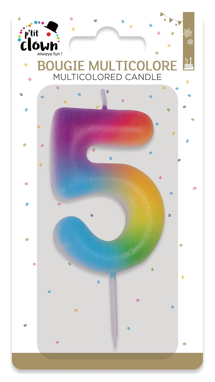 P'TIT CLOWN - Bougie Anniversaire Numérotée - Parfaite pour Décoration Gâteau - Fête Enfant, Adulte, Birthday Party (Multicolore, 5)