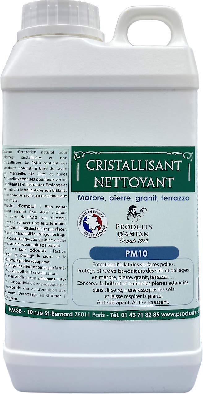 Nettoyant et Cristallisant PM10 - Produits D'Antan - Sols en pierres naturelles brillantes Pour Marbre, pierre, granit, terrazzo - Entretient l'éclat des surfaces polies - 1 Litre