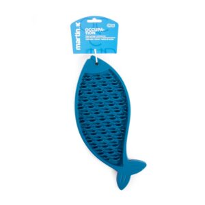 Tapis de léchage en silicone pour chat - Forme poisson, divers coloris - Accessoire apaisant & divertissant, digestion améliorée, hygiène bucco-dentaire, ventouses antidérapantes, 22 x 13 cm (Bleu)