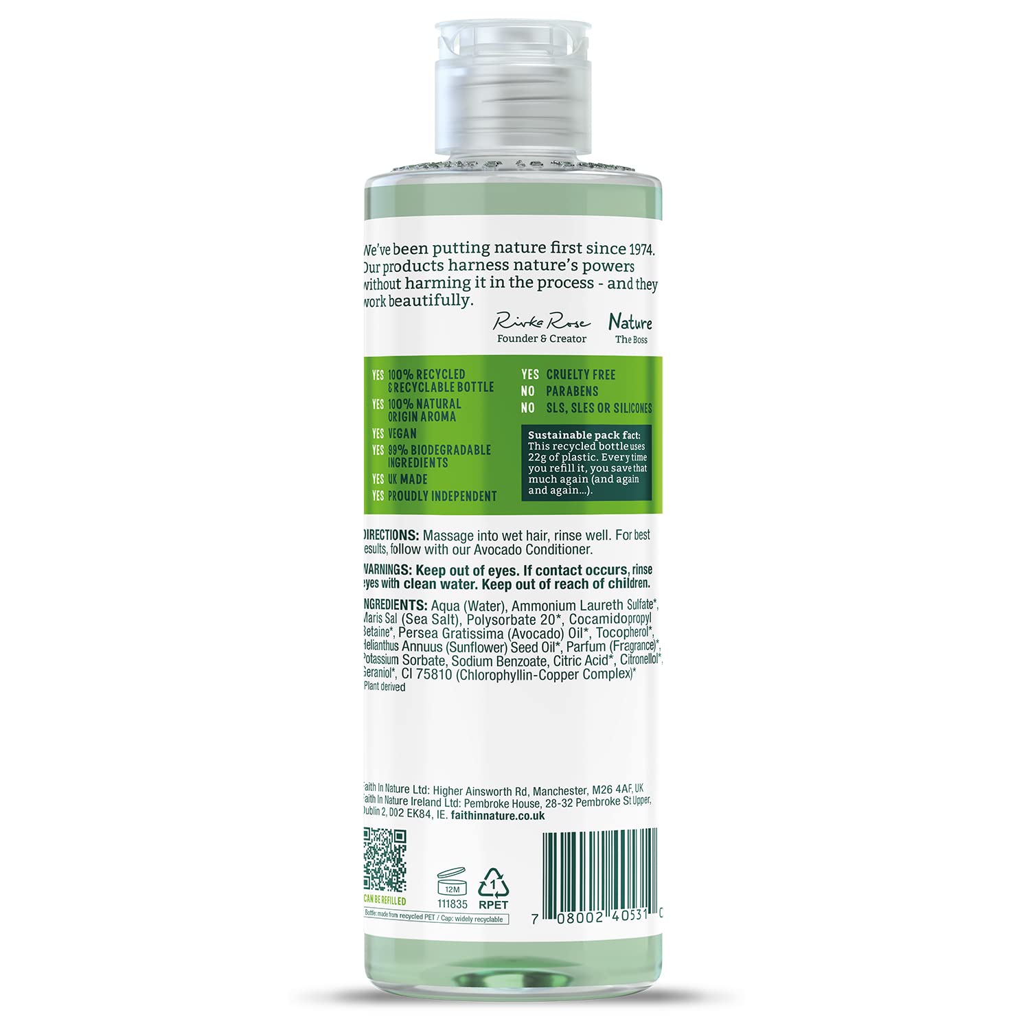 Faith in Nature Shampoing Naturel Avocat, Nourissant, Végan et Respectueux des Animaux, Sans Parabènes et Sans SLS, Tous Types de Cheveux, 400ml – Image 2
