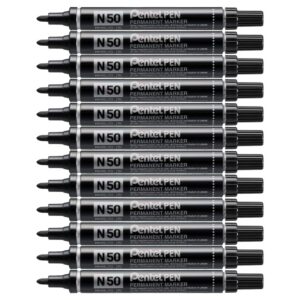 Pentel Pen N50 Lot de 12 Marqueurs permanents pointe conique moyenne, Noir
