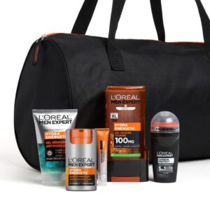 L'Oréal Men Expert - Sac Routine Énergétique pour Homme - Soins Visage & Yeux Anti-Fatigue - Vitamine C, Taurine & Charbon - Hydra Energetic - 5 Produits