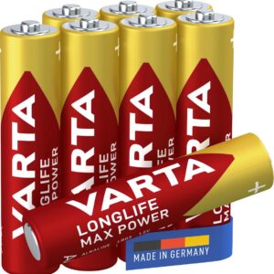 VARTA Piles AAA, lot de 8, Longlife Max Power, Alcalines, 1,5V, adaptées aux appareils photo numériques, contrôleurs, tensiomètres, Made in Germany