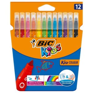 BIC Kids Kid Couleur - Feutres de Coloriage Lavables à Pointe Moyenne - Couleurs Assorties, Etui de 12