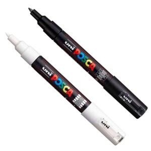 Posca PC-1M Marqueurs pour activité artistique, marqueur pour tissu, verre, métal, lot noir + blanc (1 de chaque)