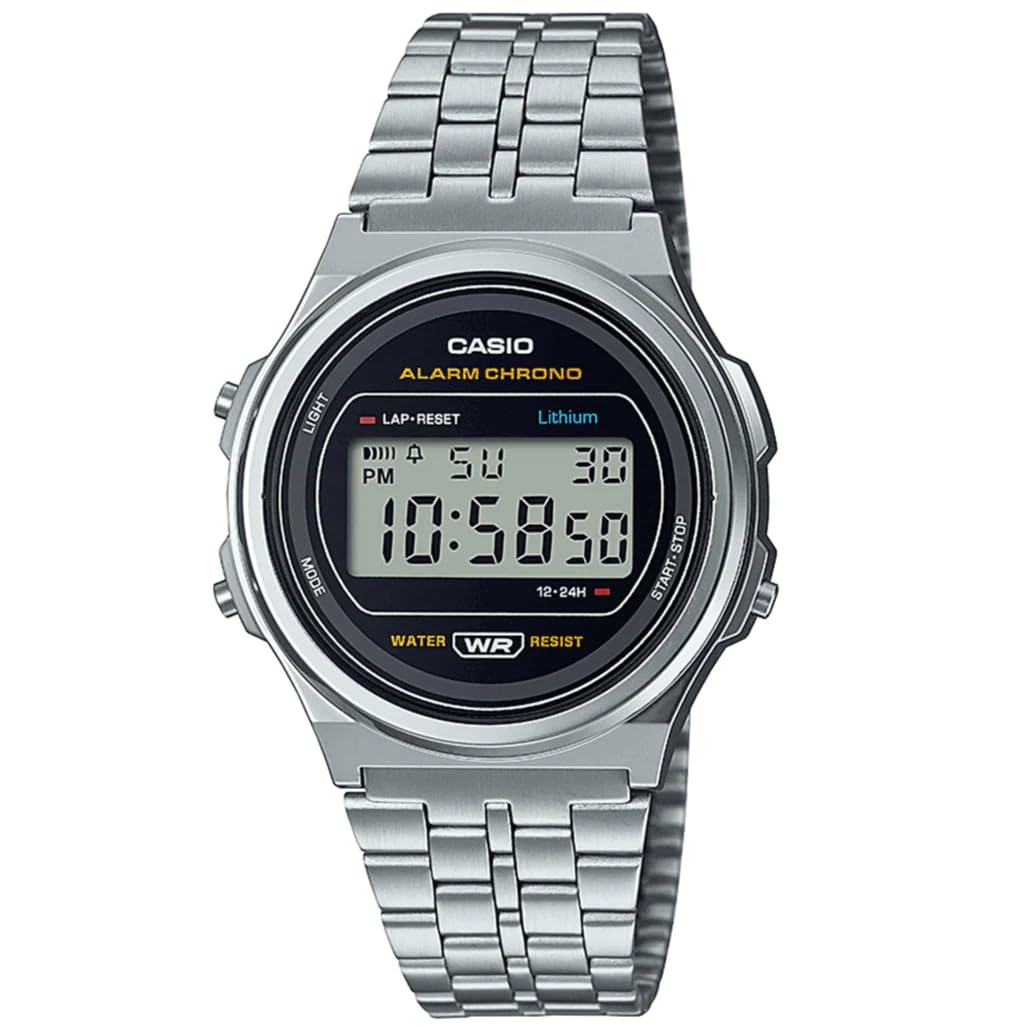 Casio Montre Quartz Unisexe 39.00mm avec Cadran Noir Digitale et Bracelet en Bracelet en Acier Argent A171WE-1AEF