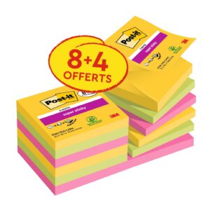 Post-it Z-Notes Autocollantes Super Sticky, Pack Promo de 8 Blocs + 4 GRATUITS, 90 Feuilles par Bloc, 76 mm x 76 mm - Feuillets Super Adhésifs pour Prise de Notes, Listes de Tâches et Rappels