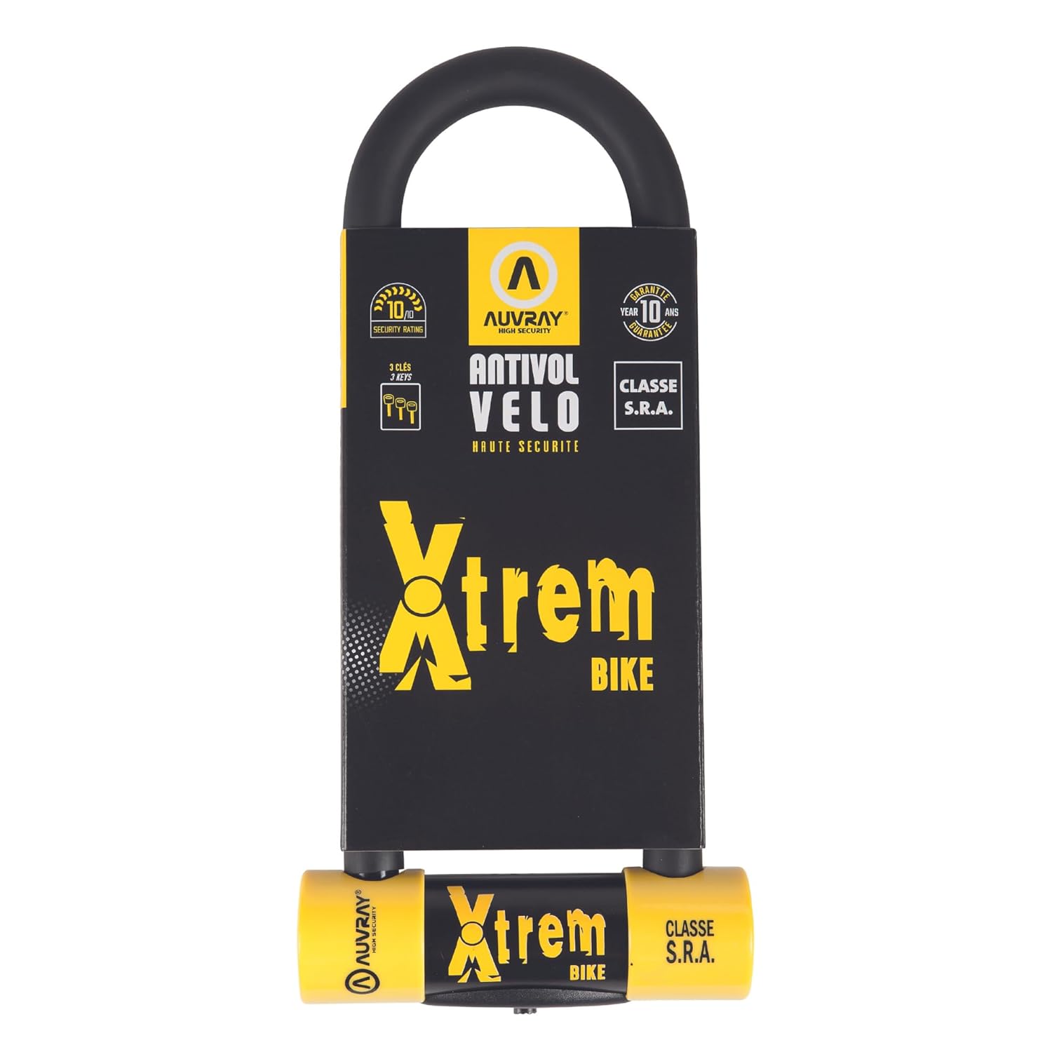 AUVRAY - Antivol vélo U XTREM BIKE - Certifié SRA -Recommandé par les assurances - U XTREM BIKE 80 X 150 D. 16 MM-Double mécanisme de vérrouillage-Cylindre Haute Sécurité 7 Disques-Haute sécurité