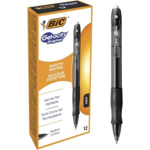BIC Gel-ocity - Stylos Gel Rétractables et Rechargeables - Pointe Moyenne (0,7 mm) - Noir, Boîte de 12