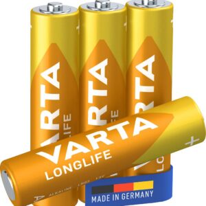 VARTA Piles AAA, lot de 4, Longlife, Alcalines, 1,5V, adaptées aux télécommandes, réveils, radios, horloges murales, Made in Germany