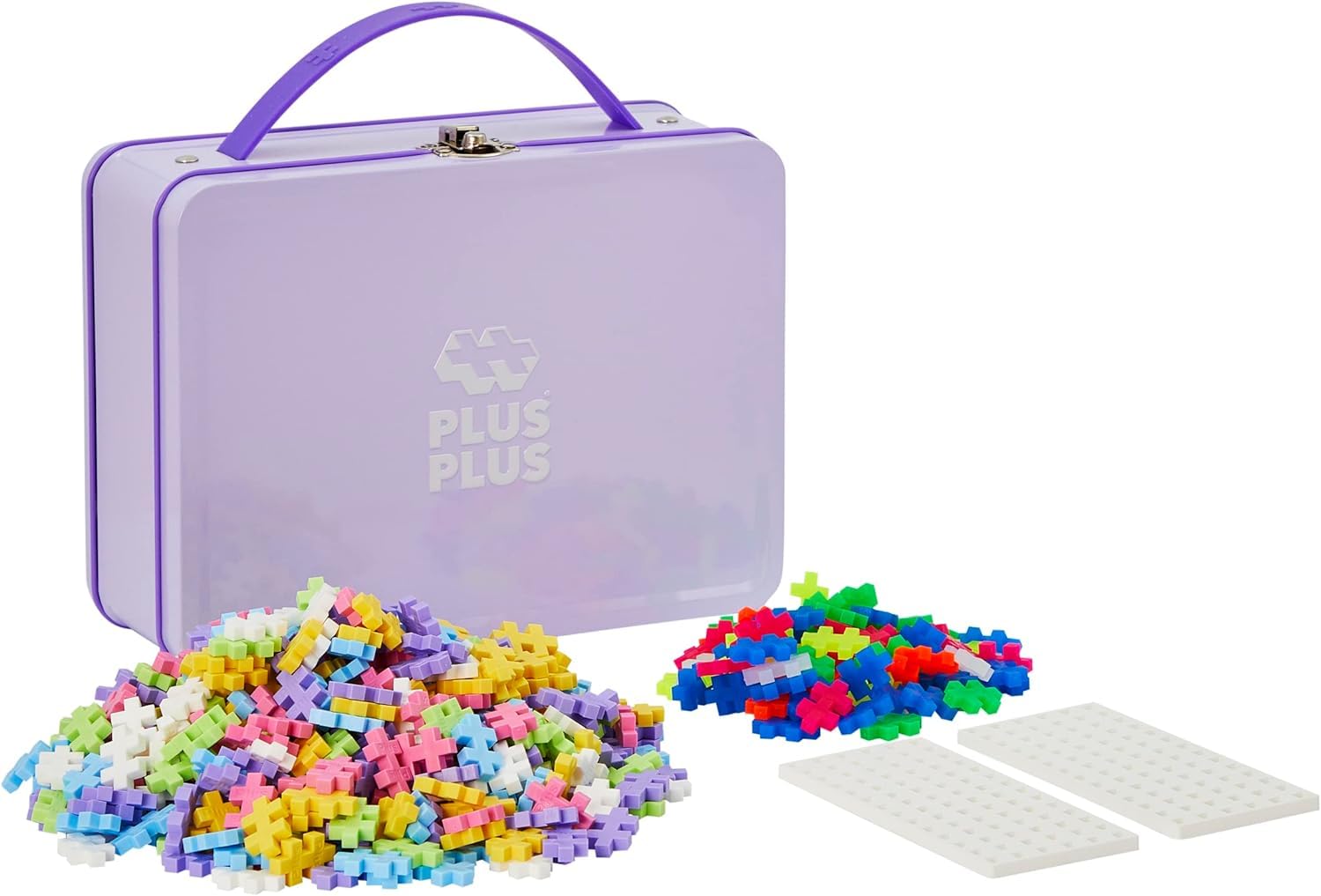 PLUS PLUS - 600 Briques de Construction Pastel et Néon/Fluo Multicolores - Valisette de Rangement en Métal - Jeu de Construction pour Enfant dès 3 ans - Imagination, Créativité - Pour Fille et Garçon