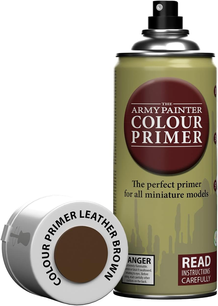 The Army Painter, Colour Primer Leather Brown, 400 ml Spray Acrylique Marron Cuir, Apprêt pour la Peinture de Figurines Warhammer et Donjon et Dragon