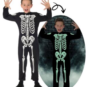 P'TIT CLOWN - Costume Enfant Squelette Phosphorescent - Déguisement Halloween Brillant dans le Noir - Idéal Fête, Soirée à Thème, Carnaval - Tenue Effrayante et Ludique (3-4 ans)