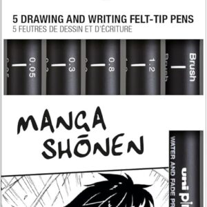 uni-ball - Mitsubishi Pencil - 5 Feutres d’Écriture et de Dessin Spécial Manga Shonen Uni Pin - 4 Pointes Calibrées Ultra-Fines à Moyennes et 1 Pointe Brush - Encre Noire