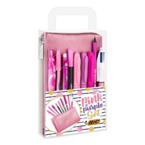 BIC Pink & Purple Party Set - 1 Trousse, 2 Stylos-Bille/1 Stylo Gel Effaçable/1 Crayon à Papier avec Gomme/1 Stylo Feutre/3 Marqueurs Permanents/1 Porte-Mines