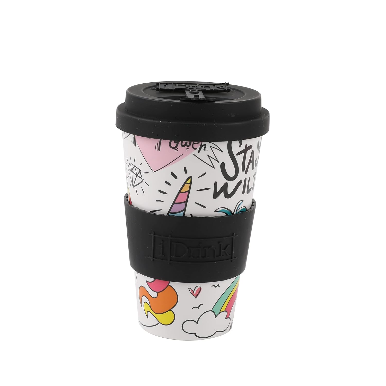 IDRINK®- Tasse à café en RPET avec ouverture et bouchon en silicone, facile à transporter Tasse à emporter de 435 ml en plastique recyclé 8,7 x 8,7 x 15 cm 435 ml (Licorne)