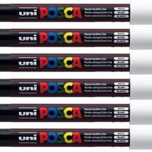 Posca Uni PC-1MR Lot de 6 marqueurs de peinture blanche ultra fins avec pointe de 0,7 mm pour écrire sur n'importe quelle surface en tissu, verre, pierre, métal, bois, plastique